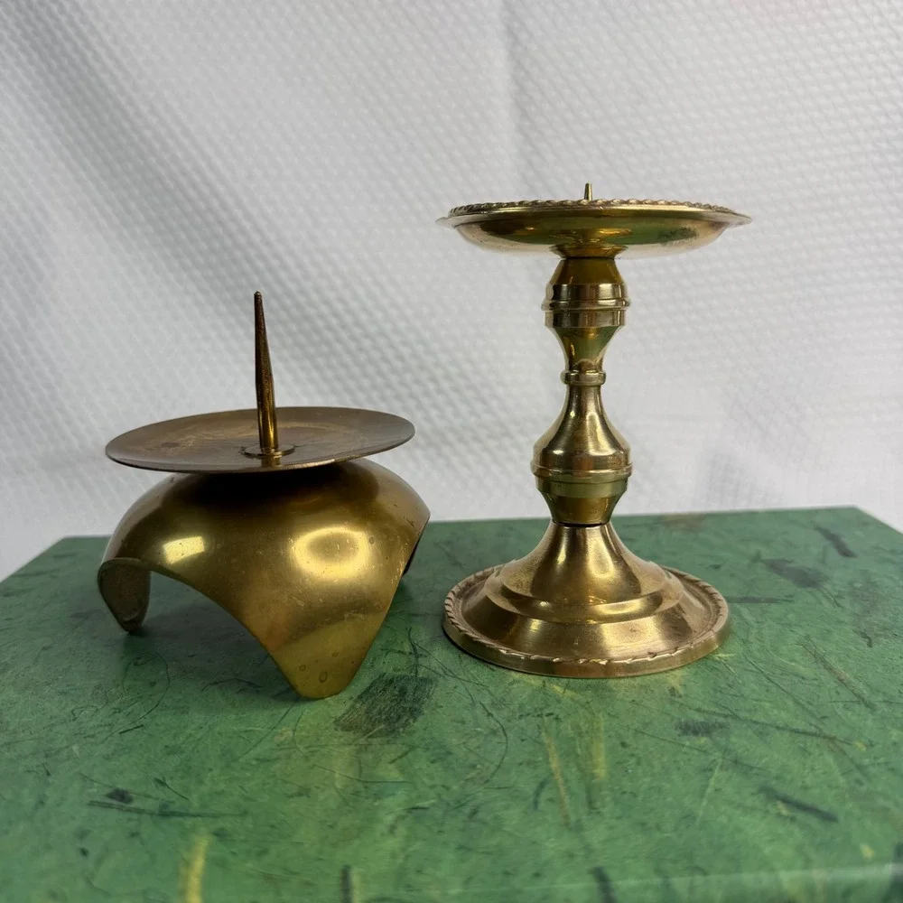 Vintage Solid Brass Pricket Candle Holder Set 2 Japan Gold MCM Pedestal Tripod